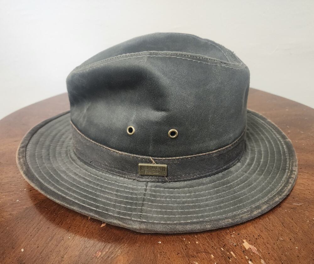 Vintage Red Head Waxed Hat Sz Medium Travelers Fishing Hiking Bucket Cap Gray